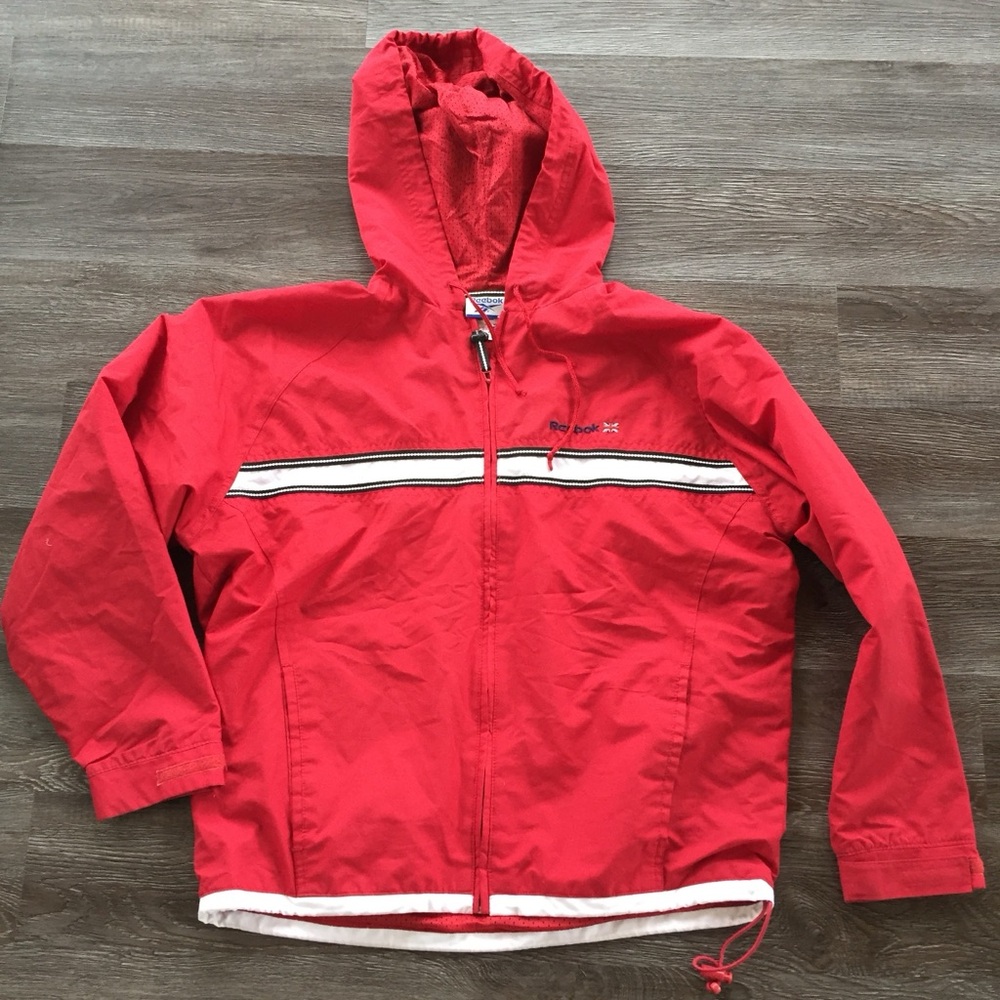 Reebok Red Hooded Windbreaker Jacket with White Trim